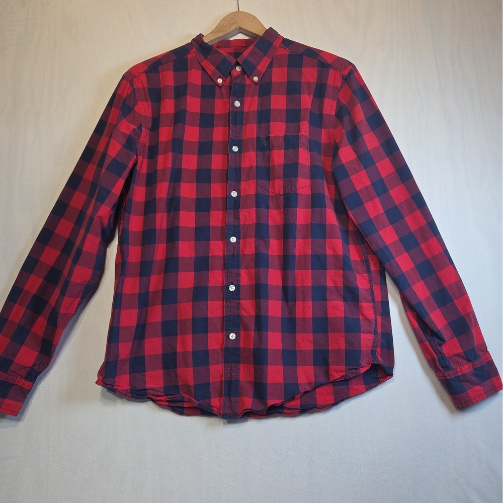 American Eagle Outfitters Mens Large Red Navy Buffalo Plaid Button Down Shirt - Picture 2 of 12